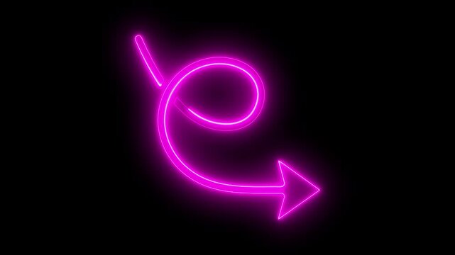 Animated neon pink swirl arrow sign glowing on black background