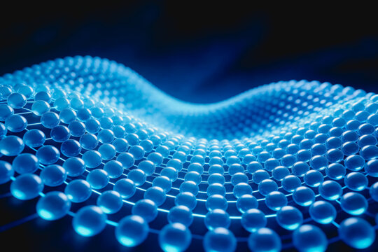 3D conceptual illustration of graphene's atomic hexagonal lattice, a nanoscale two-dimensional carbon material for scientific and tech research.