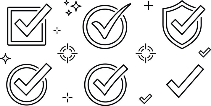 Checkmark and validation line icon set featuring check marks in circle square security shield and target symbols