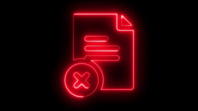 Neon red document with error cross symbol, digital file rejection concept, glowing ui