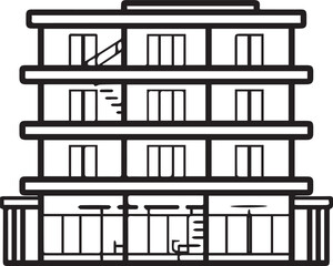 A minimalist black and white line drawing of a modern apartment building, showcasing its symmetrical facade and multiple windows. © DesignINKZ