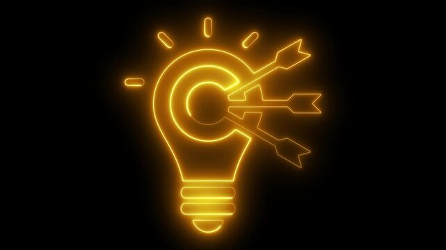 Neon lightbulb target animation: business strategy and innovation concept glowing