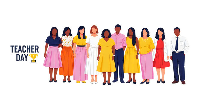 Diverse group of teachers standing together celebrating teacher day in a colorful vector illustration