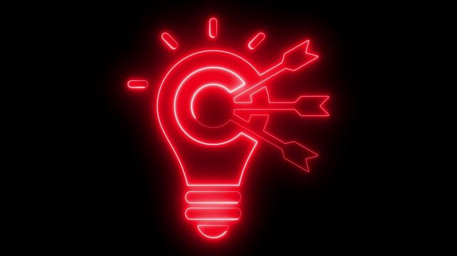 Neon lightbulb target concept with arrows hitting bullseye for business strategy and innovation