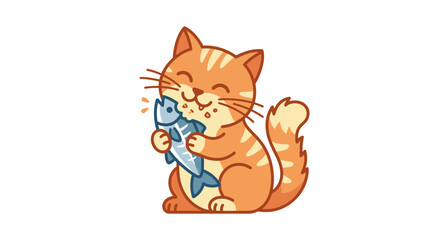 Fototapeta premium Cute Orange Cat Eating Fish Cartoon
