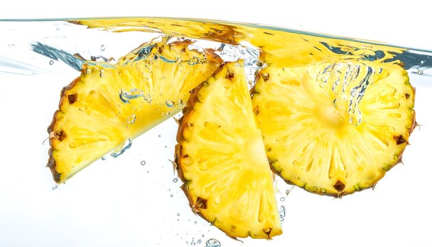 A close-up photo of three slices of pineapple submerged in clear water with bubbles, against a white background
