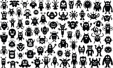 Obraz premium A large set of diverse black silhouette monster and alien doodles showing funny emotions against a bright white backdrop.