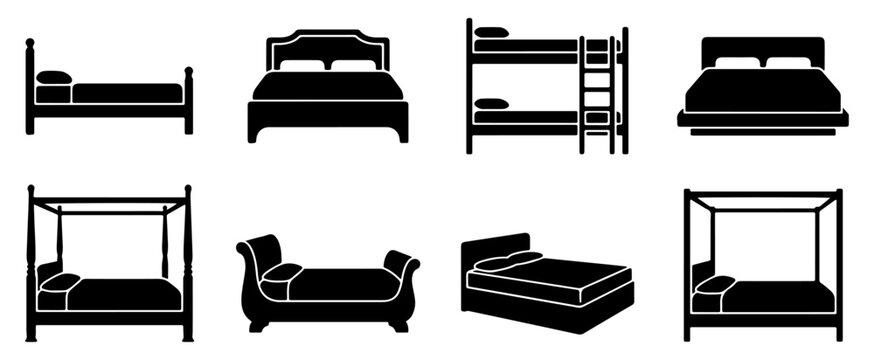 Bedroom Furniture Set with Double Bed Bunk Bed and Storage Drawer Vector Icon Collection for Interior Design