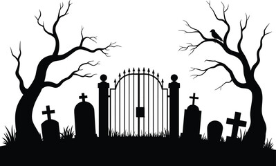 Eerie black silhouette of a haunted cemetery with spooky gnarled trees and an iron gate stands under grim night lighting. ©  Victory Pixel