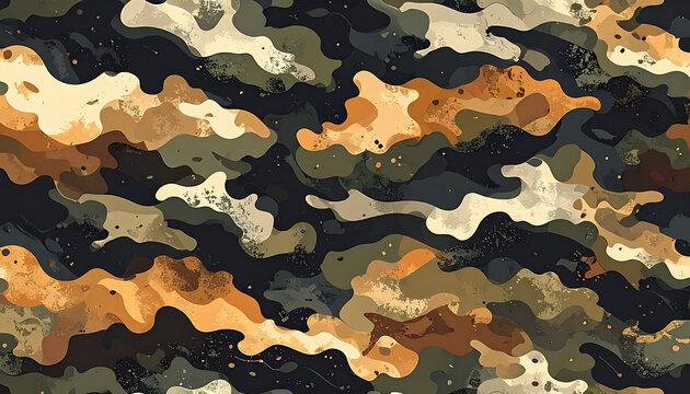 abstract pixelated camouflage pattern in earthy tones of brown, beige, and dark grey, digital artwork for military or outdoor themes