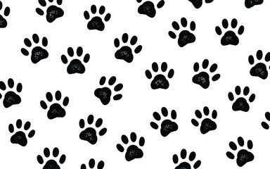 Fototapeta premium Playful seamless pattern of hand-drawn black dog paw prints with a chalky texture on a clean white background for branding.