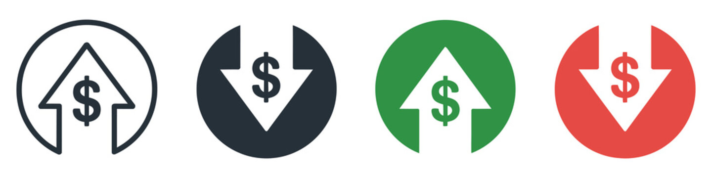 Money arrow up and down icon set representing price change, currency rate fluctuation, stock graph income and loss, financial analytics interface symbols, vector, design
