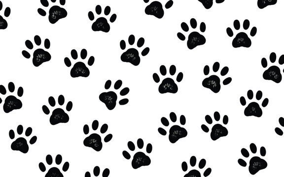 Playful seamless pattern of hand-drawn black dog paw prints with a chalky texture on a clean white background for branding.