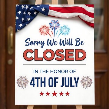 4th of july closed sign on easel with american flag and fireworks decoration