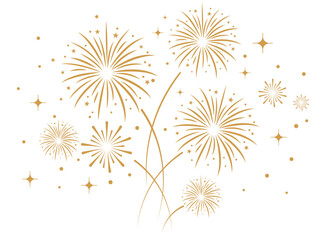 Obraz premium Elegant gold firework bursts with stars and dots over a clean white background. Festive celebration and holiday event vector illustration.
