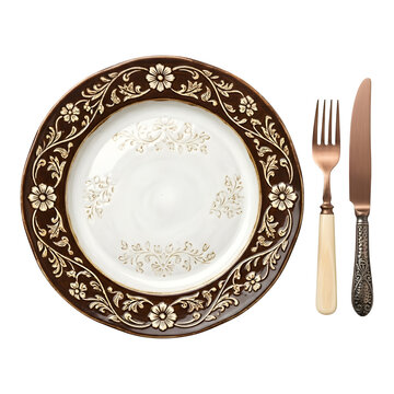 Elegant dinner plate with fork and knife isolated on transparent background