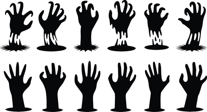 A terrifying collection of twelve black zombie hand silhouettes reaching out from the dark earth in an eerie graveyard.