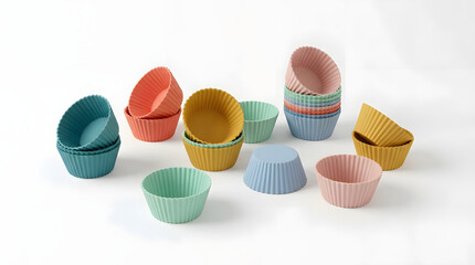 Obraz premium Group and stacks of colorful pastel silicone cupcake baking liners arranged on a clean white background, modern reusable muffin molds mockup.