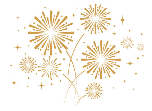 Elegant gold firework bursts with stars and dots over a clean white background. Festive celebration and holiday event vector illustration.