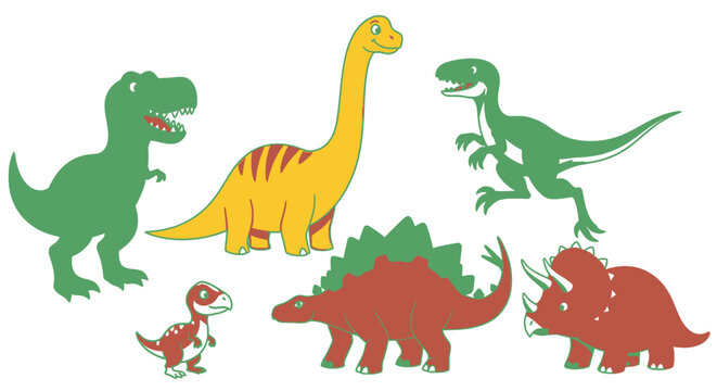 Group of cartoon dinosaurs in green yellow and brown colors on white background