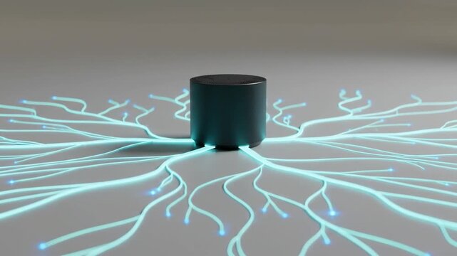 A sleek smart speaker pulses as glowing blue digital roots branch out across the floor, symbolizing the expansive reach of AI and smart home connectivity in a futuristic display.