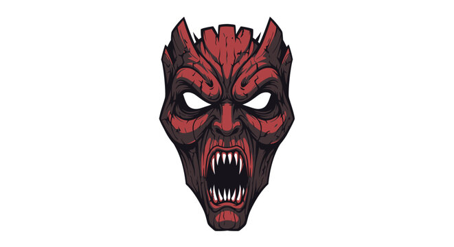 Stylized demonic creature head with red and black markings and sharp teeth