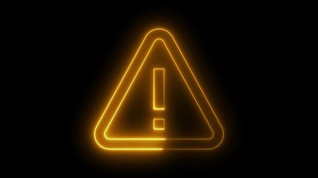 Glowing neon yellow warning sign with exclamation mark animation on black background, caution alert danger