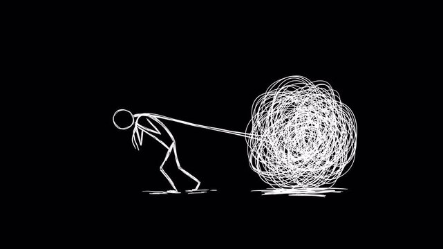 Stressed stick figure pulling heavy tangled scribble ball, boiling line art loop animation. Concept of life burden, psychological pressure, burnout, and mental exhaustion. Seamless looping animation.
