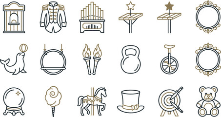 Circus line art icon set featuring elegant gold and black linear carnival elements like ringmaster jacket trained seal carousel horse and crystal ball © Mdjony