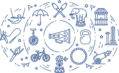 Circus line art concept vector illustration featuring retro carnival performance elements like megaphone elephant cannon trapeze acrobat unicycle and juggling clubs © Mdjony