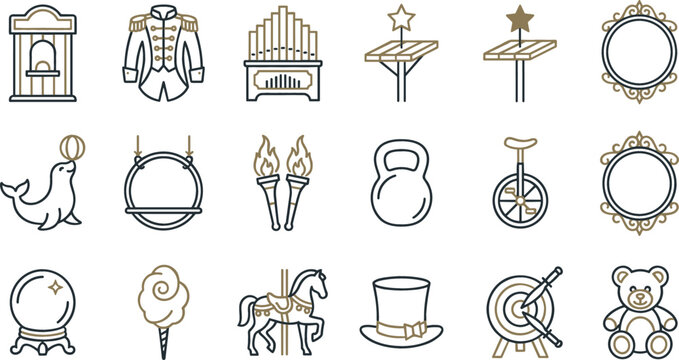 Circus line art icon set featuring elegant gold and black linear carnival elements like ringmaster jacket trained seal carousel horse and crystal ball