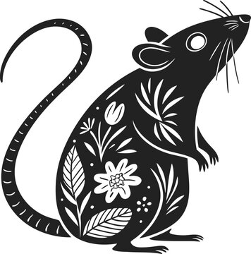 A stylized black rat illustration, centered against a stark white background. The rat is depicted in a side profile, facing left, with its tail curled upwards. Its form is simplified, almost geometric
