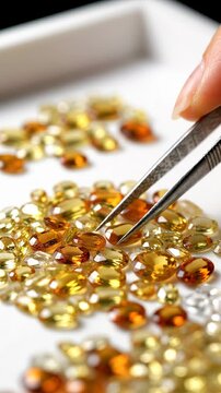 Hand using tweezers to select colorful gemstones from a tray filled with various shapes and sizes of yellow, orange, and clear stones in a bright workspace