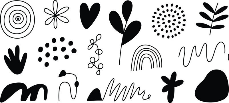&ldquo;Abstract black shape vector set with concentric circles, hearts, leaves, wavy lines, minimalist modern graphic design elements&rdquo;