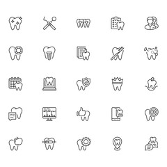 Fototapeta premium Comprehensive dental care and oral hygiene outline icon set for dentistry and oral health practices with dentist office dentistry icons dental tools