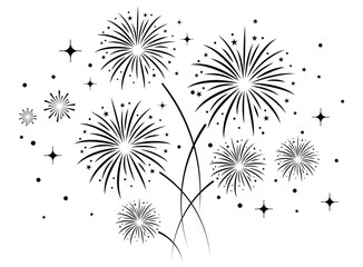 Obraz premium Black firework bursts with stars and dots over a clean white background.