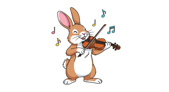 Happy cartoon rabbit playing violin with colorful musical notes on white background