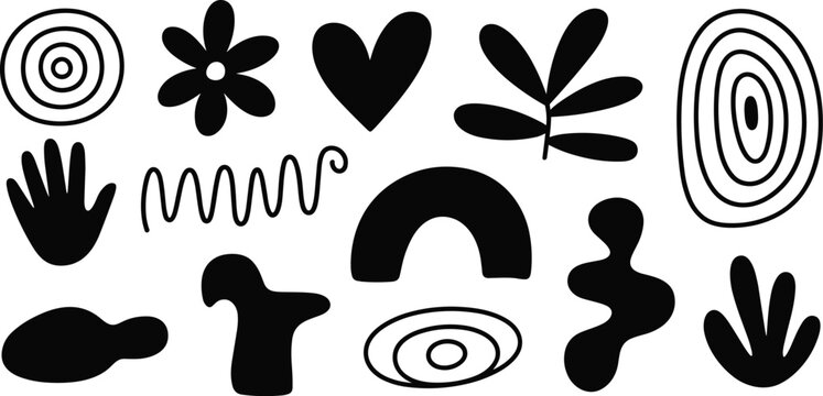 &ldquo;Abstract black shape vector set with concentric circles, hearts, leaves, wavy lines, minimalist modern graphic design elements&rdquo;
