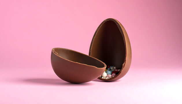 An open chocolate easter egg revealing colorful candy inside, set against a soft pink backdrop, holiday treat