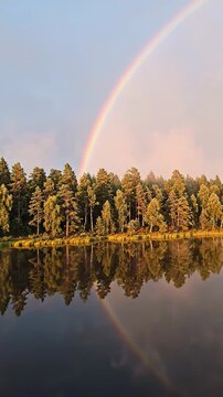 Rainbow arching over tranquil lake reflecting lush green trees and blue sky, creating a serene natural landscape in a forested area