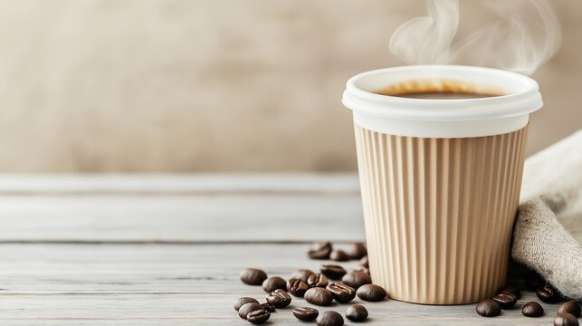 Steaming hot coffee in white paper cup on light background, dark coffee beans scattered around, simple food still life, minimalist beverage scene for catering and coffee themed design.
