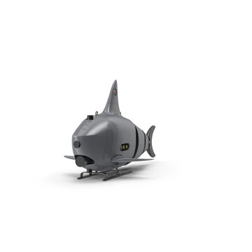Shark-shaped underwater Submarine 3D ocean sea water PNG drone, dorsal fin, tail fin, front camera, sensor ports, and landing skids in grey isolated on White
