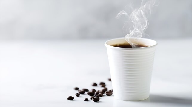 Steaming hot coffee in white paper cup on light background, dark coffee beans scattered around, simple food still life, minimalist beverage scene for catering and coffee themed design.
