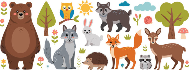 Fototapeta premium “Colorful forest animal vector illustration with bear, wolf, rabbit, fox, deer, owl, raccoon, hedgehog, and nature elements”