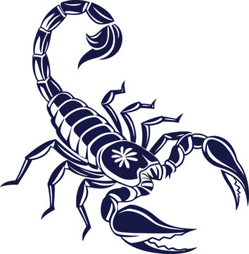 A stylized, silhouetted scorpion dominates the frame, set against a stark white background. The scorpion is rendered in a deep, dark blue color, its form clearly defined with crisp lines, suggesting a