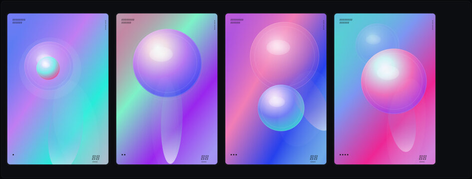 Holographic Gradient Backgrounds, Iridescent Sphere Patterns, Neon Colors, Vector Set of 4