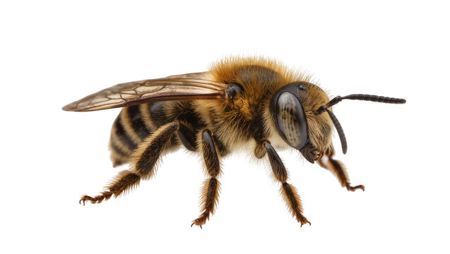 Furry bee with striped abdomen and compound eyes