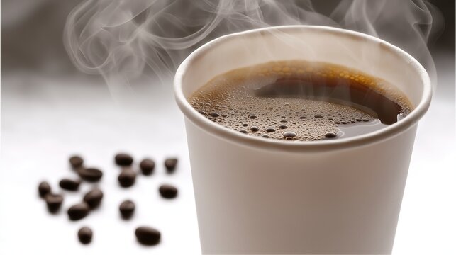 Steaming hot coffee in white paper cup on light background, dark coffee beans scattered around, simple food still life, minimalist beverage scene for catering and coffee themed design.