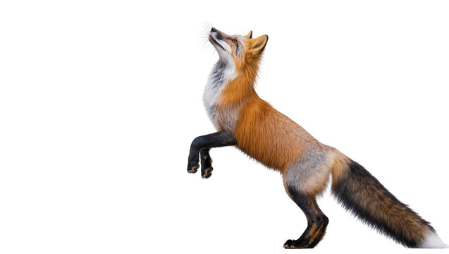 Red fox jumping and looking up with bushy tail
