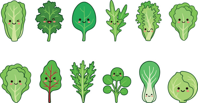 Cute leafy green vegetables cartoon character emoji collection featuring smiling lettuce spinach kale chard cabbage and bok choy isolated on white background vector illustration